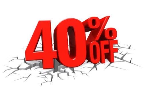 3D render red text 40 percent off on white crack hole background with reflection.