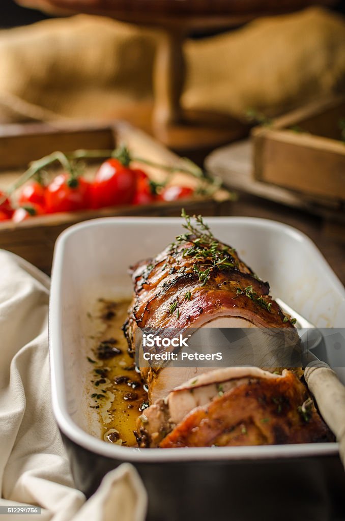 Roast turkey with herbs and bacon Roast turkey with herbs and bacon baked in oven with delicious herbs on top Backgrounds Stock Photo