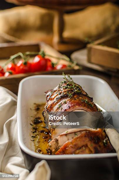 Roast Turkey With Herbs And Bacon Stock Photo - Download Image Now - Backgrounds, Baked, Candle