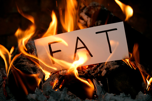A DSLR photo of burning white paper with a word  FAT written on it. It's a real fire with real flames. Can be used as a concept of dieting, weight loss, etc.