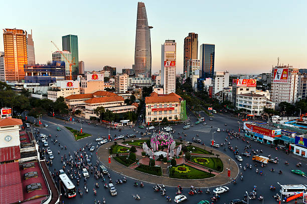 Skyline of Ho Chi Minh City, Vietnam at dusk.