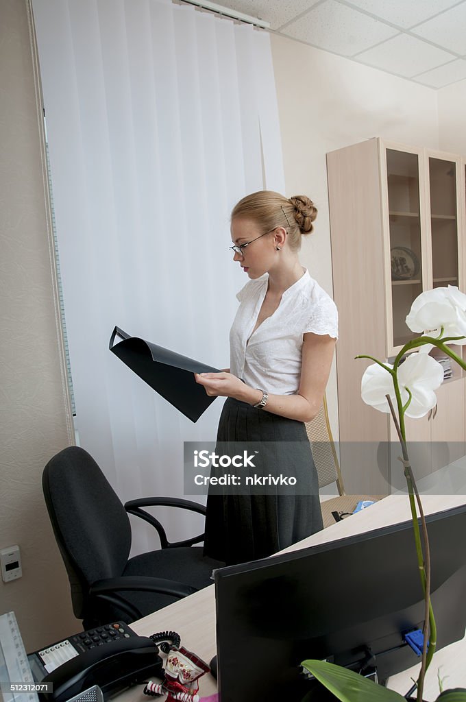 Business woman works in office. Pretty young business woman works in office. Adult Stock Photo