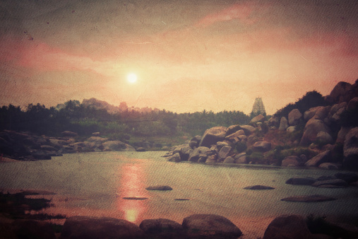 Sunset on a relaxing landscape. Hampi in India.