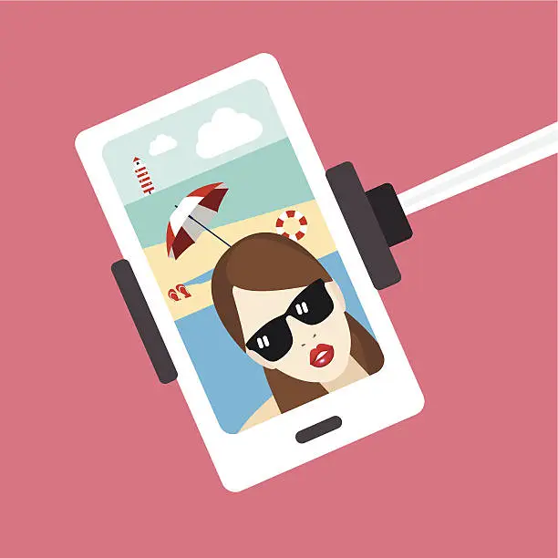 Vector illustration of Girl selfie photo. Selfie set. Vector beach background.