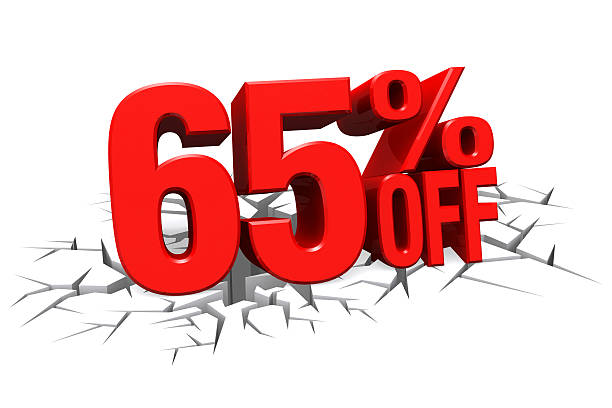 istock 3D red text 65 percent off on crack hole floor. 512326063