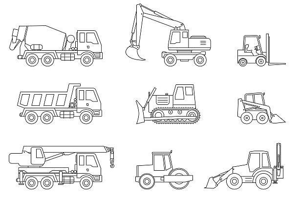 строительные машины тонкий иконки. - bulldozer dozer construction equipment construction machinery stock illustrations