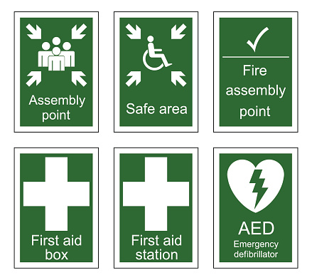 First aid and assembly sign set isolated on white background