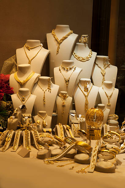 Jewelry on window display Jewelry Store display cabinet photos stock pictures, royalty-free photos & images