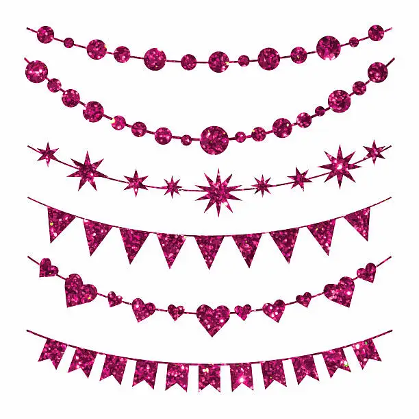 Vector illustration of Set of garlands made of pink glitter texture.
