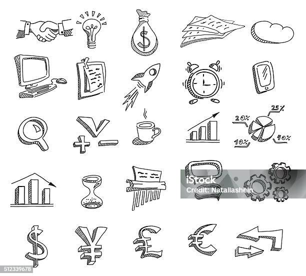 Set Of Hand Drawn Business Icons Stock Illustration - Download Image Now - Drawing - Activity, Drawing - Art Product, Rocketship