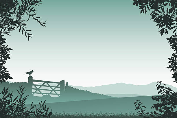 ilustrações, clipart, desenhos animados e ícones de paisagem com fazenda portão - non urban scene silhouette fence gate