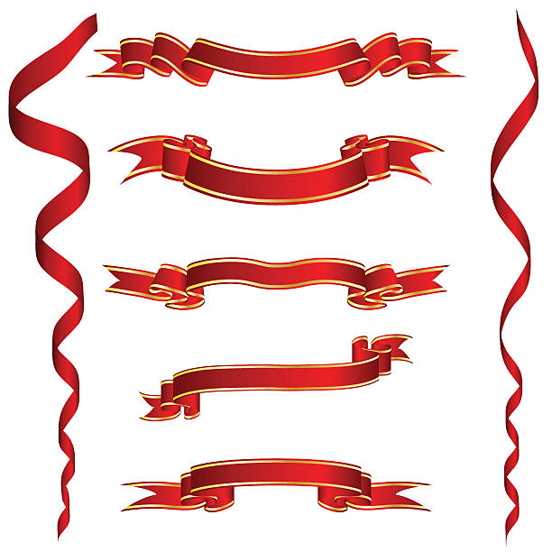 ilustraciones, imágenes clip art, dibujos animados e iconos de stock de conjunto de cintas rojo rayas con dorado - ribbon retro revival old fashioned banner