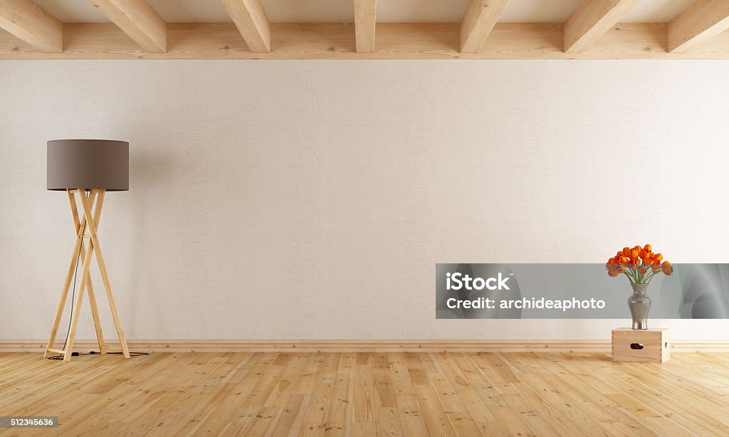 Empty withe room Empty withe room  with wooden beams,parquet,floor lamp and flowers- 3D Rendering Domestic Room Stock Photo