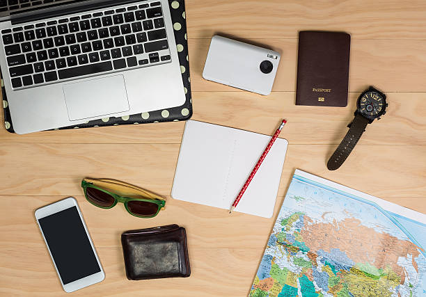 istock travel items on wooden table 512346068