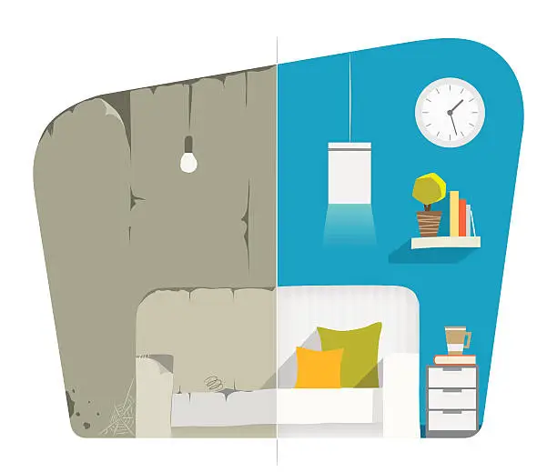 Vector illustration of Home house flat apartment room domestic repair. Before and after