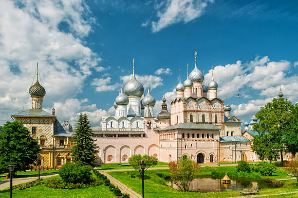 Inside the Rostov Kremlin in Rostov The Great, Russia The Church of Resurrection and other churches in Rostov Kremlin. Ancient town of Rostov The Great is part of the Golden Ring of Russia and site of UNESCO. golden ring of russia photos stock pictures, royalty-free photos & images