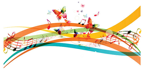 bunte hintergrund mit musiknoten und schmetterlinge - music musical note treble clef dancing stock-grafiken, -clipart, -cartoons und -symbole