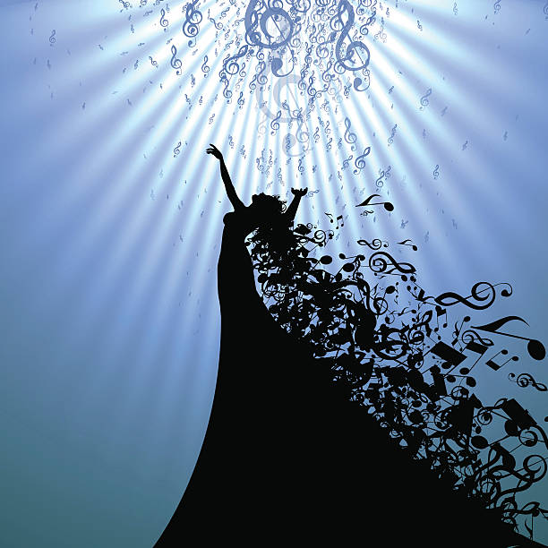 Silhouette of Opera Singer and Musical Symbols vector art illustration