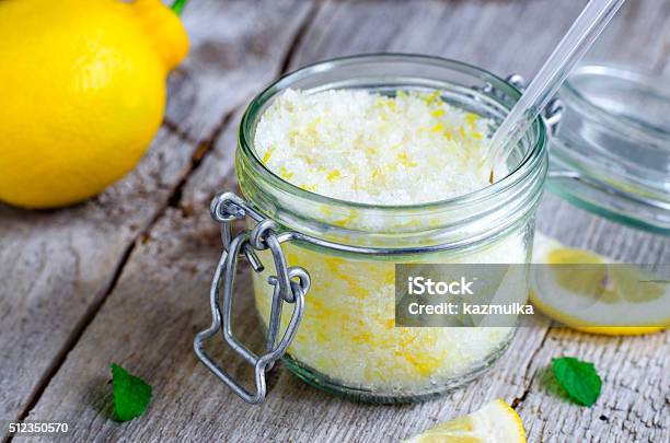 Scrub Made Of Sea Salt Lemon Peel And Lemon Juice Stock Photo - Download Image Now - Exfoliation, Lemon - Fruit, Salt - Mineral