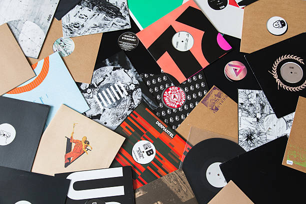 Kaliningrad, Russia - February 25, 2016: Bunch of different vinyl records on the floor. House and techno record labels such as: Hostom, Perlon, ODE, Double Standard, Ugold, Sensual, Memoria and etc. 
