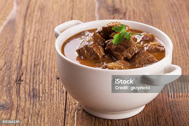 Beef Stew Served With Bread Stock Photo - Download Image Now - Cooking Pan, Meat, Beef Stew