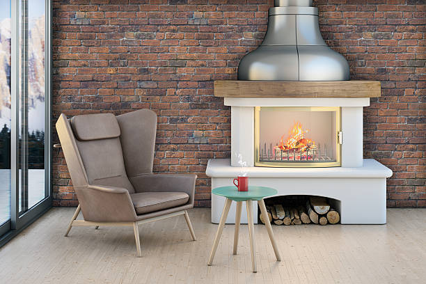 istock Living room setup around a fireplace on a brick wall 512355610