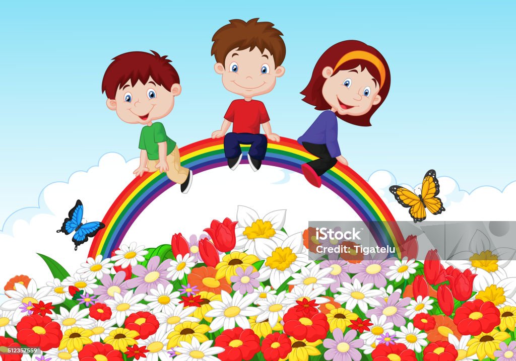 Happy kids cartoon sitting on rainbow over flower background Vector illustration of Happy kids cartoon sitting on rainbow over flower background Activity stock vector