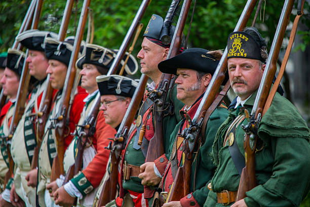 칠레식 혁신적인 전쟁 - colonial style armed forces historical reenactment usa 뉴스 사진 이미지