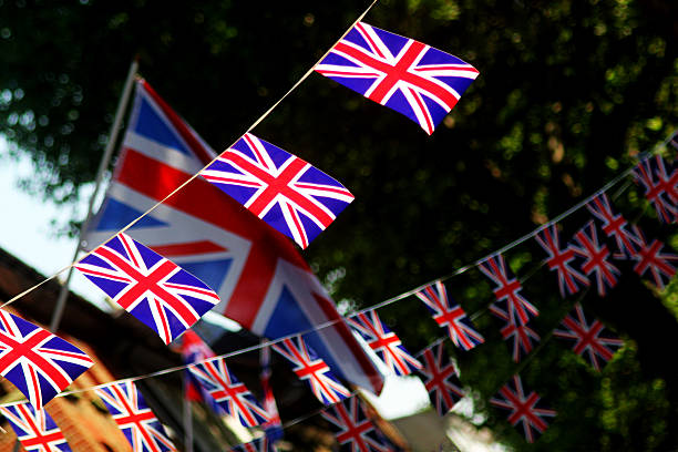Queens Jubilee Street Scene Abstract Union Jack Bunting Scene Surbiton Kingston Upon Thames Surrey London England british royalty photos stock pictures, royalty-free photos & images