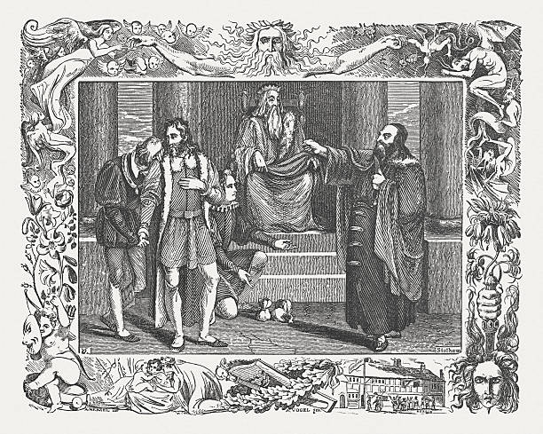 Merchant of Venice by William Shakespeare, wood engraving, published 1838 The Merchant of Venice by William Shakespeare: Venice. A court of justice; Act IV, Scene I. Woodcut engraving, published in 1838. venice italy stock illustrations