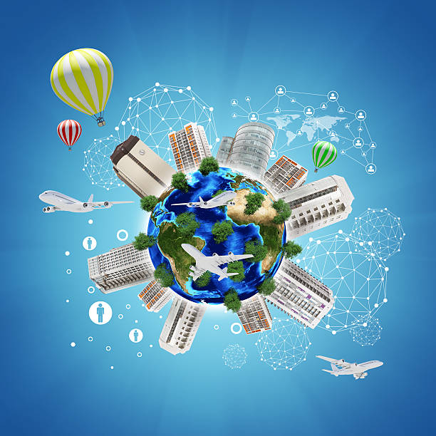 istock Earth with buildings on surface. Airplanes and network icons 512365347
