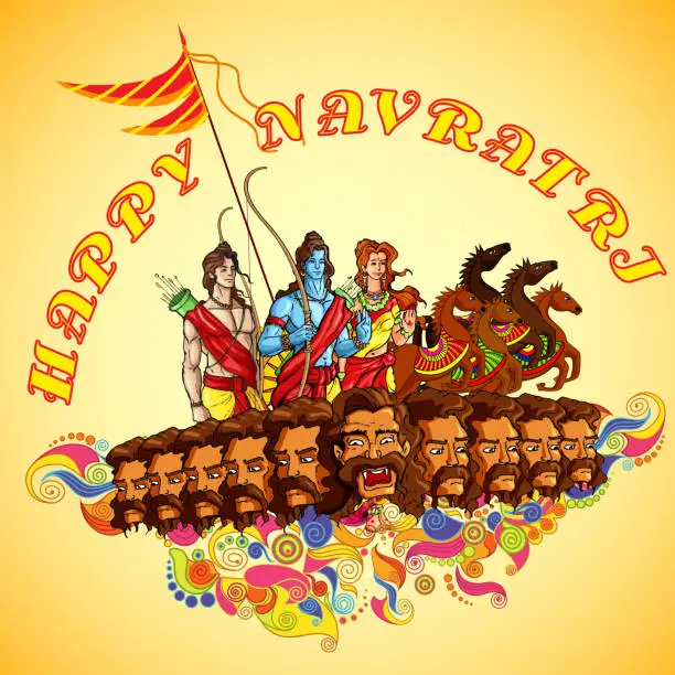 Vector illustration of Lord Rama,Laxmana and Sita with Ravana in Happy Dussehra