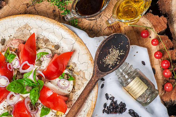 Salad with tomatoes and cheese stock photo