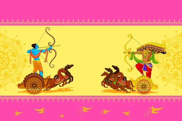 Vector illustration of Rama killing Ravana in Happy Dussehra