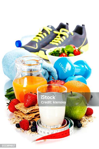 Different Tools For Sport And Healthy Food Stock Photo - Download Image Now - Apple - Fruit, Berry Fruit, Breakfast