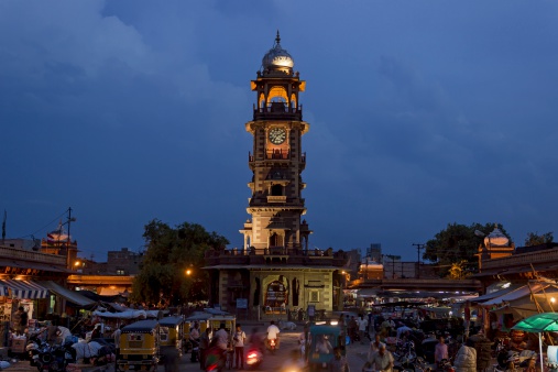 Jodhpur, India - September 01, 2014: People near Clock Tower evening time near Sardar Bazaar in the middle of the old city of Jodhpur.