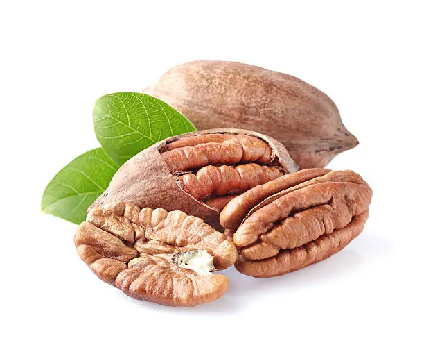 Pecan nuts in closeup on a white background