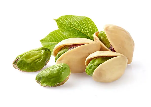 Pistachio nuts with leaf