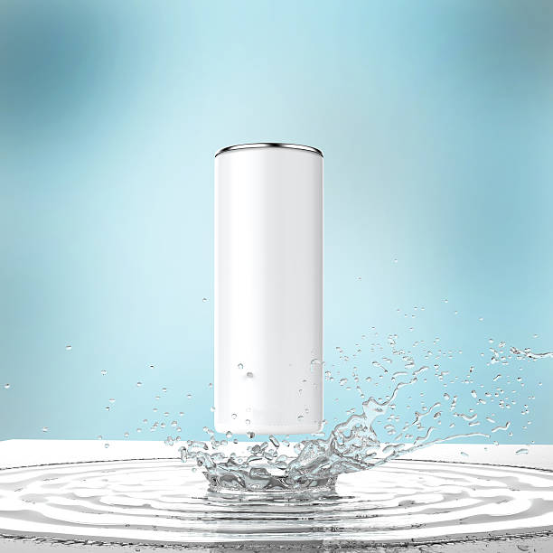 istock blank white energy drink can mock-up with water splash 512398146
