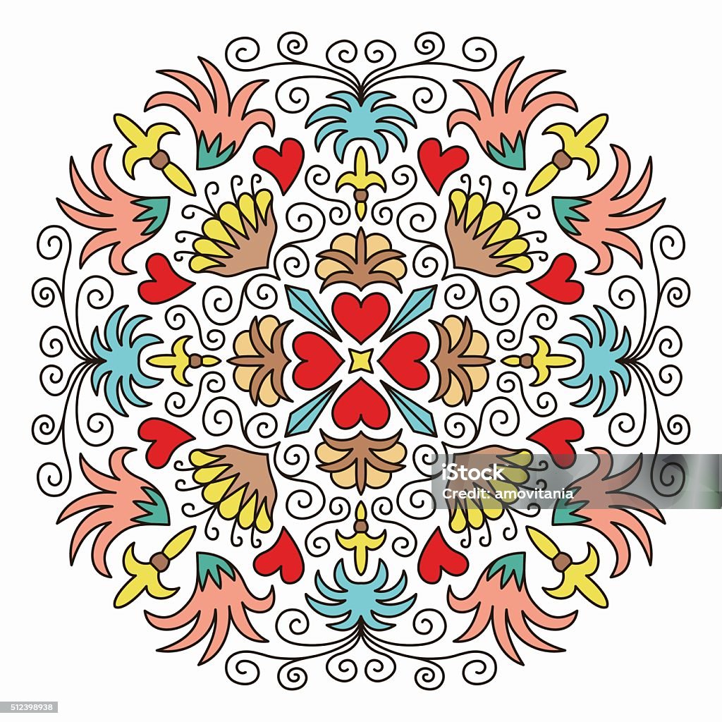 Colorful Emblem with Flowers and Hearts Colorful Emblem with Flowers and Hearts. Round decorative design element. Floral pattern, luxury style. Vintage design. Royal flourish motif for brand design, business card, coat of arms. Vector lines Art stock vector