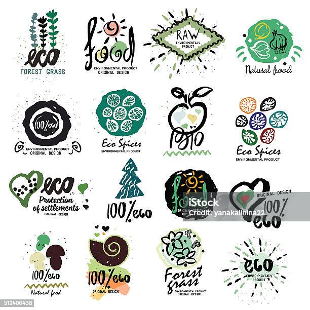 Healthy Organic Food Labels For Vegetarians Logo Stock Illustration - Download Image Now - Food, Global, Art And Craft