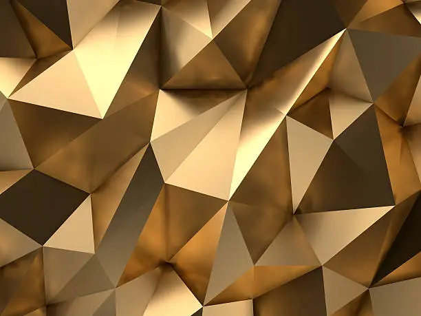 Low-Poly golden abstract background. Metal polygonal shape.