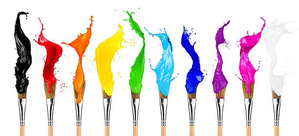 colorida salpicaduras de color pincel fila - paintbrush palette art paint fotografías e imágenes de stock