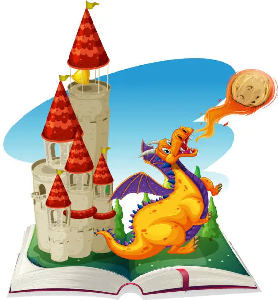 Vector illustration of Fantacy book with drago and castle