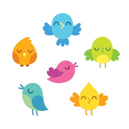 Cute cartoon birds doodle set. Bright and simple vector illustration. Isolated design elements.