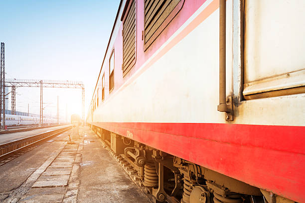 istock Old retro train stopped at the small station 512419895