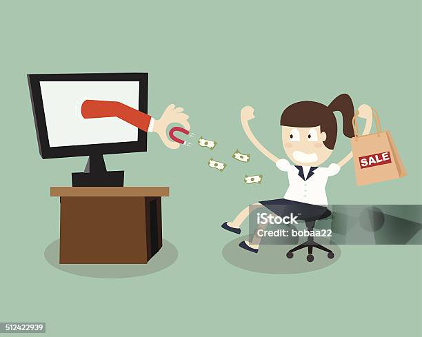 Debt Shopping Magnet Attracts Money Business Woman With Laptop Stock Illustration - Download Image Now