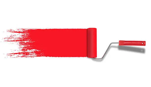 Photo of Roller painter with red paint stroke isolated on white background