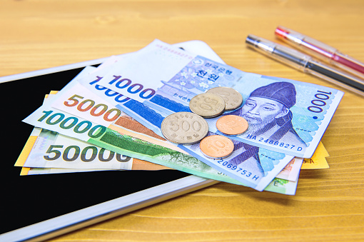 South Korean won currency and finance business. Business concept.