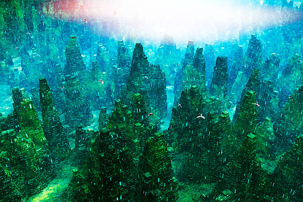 Futuristic cityscape with flying spaceships
